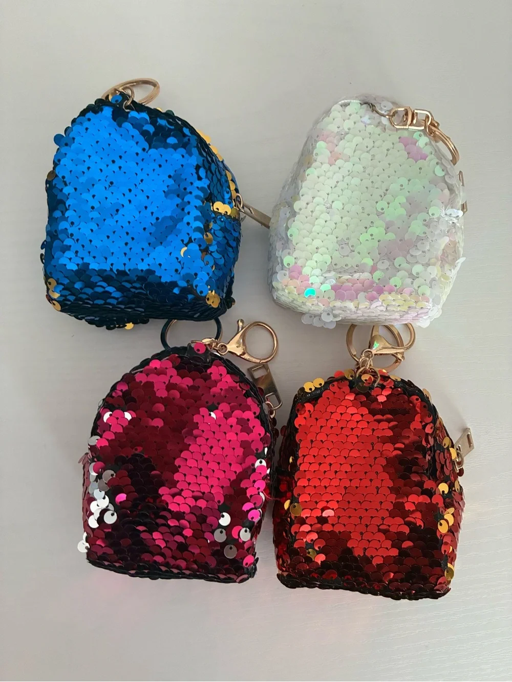 Sequin Mini Backpack Keychain - Pink, Blue, Red, White.